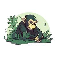 Chimpanzee sitting on the ground in the jungle. Vector illustration.