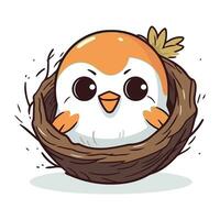 Cute cartoon bird in a nest. Vector illustration isolated on white background.