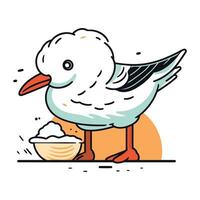 Vector illustration of a cute seagull eating a bowl of rice.