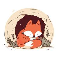 Cute fox in a cave. Vector illustration in cartoon style.