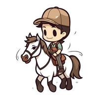 Cute boy riding a horse on white background. Vector illustration.