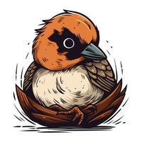 Cute bird sitting in the nest. Hand drawn vector illustration.