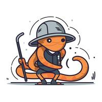 Cute cartoon snake in a hat with a stick. Vector illustration.