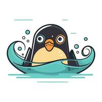 Cute penguin in the water. Vector illustration in cartoon style.