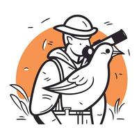 Bird hunter with spyglass. Vector illustration in line art style.