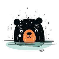 Cute black bear in the rain. Hand drawn vector illustration.
