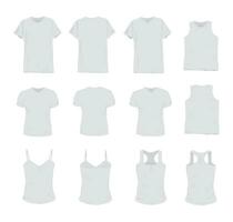 Set of different realistic white t-shirt for man and woman. Front and back view. Shirt sleeveless, short-sleeve, singlet, tank top. Vector illustration collection.