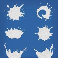 Set of different realistic milk splash and pouring. White spots, drops of various shapes collection. Vector illustration on blue background.