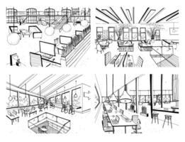 Set of hand drawn coworking. Modern office interiors, open space. workspace with computers, laptops, lighting and place for rest. Black and white horizontal vector sketch illustration.