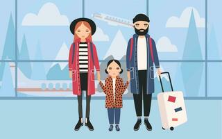 familia a aeropuerto. de moda joven Pareja con bebé y equipaje. horizontal bandera con montañas y avión en antecedentes. vistoso vector ilustración en dibujos animados estilo.