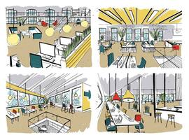 Set of hand drawn coworking. Modern office interiors, open space. workspace with computers, laptops, lighting and place for rest. Colorful horizontal vector sketch illustration.