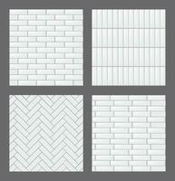 Set of seamless patterns with modern rectangular white tiles. Realistic textures collection. Vector illustration.