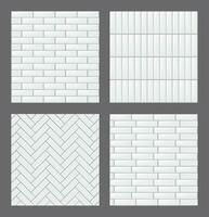 Set of seamless patterns with modern rectangular white tiles. Realistic textures collection. Vector illustration.