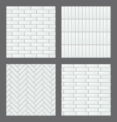 Set of seamless patterns with modern rectangular white tiles. Realistic textures collection. Vector illustration.