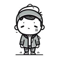 Cartoon little boy wearing warm clothes and cap. Vector illustration.