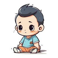 Cute little boy sitting and crying. Vector cartoon character illustration.