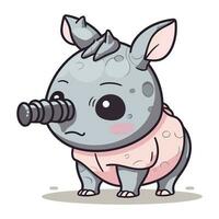 rhinoceros with binoculars cartoon character vector illustration.