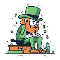 Funny cartoon leprechaun sitting on the bench. Vector illustration.