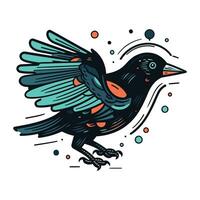 Hand drawn vector illustration of a black crow. Isolated objects on white background.