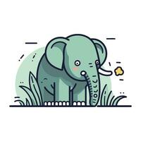 Cute elephant in the grass. Vector illustration in flat style.