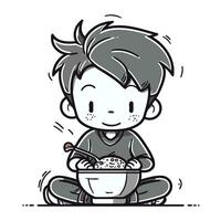 ilustración de un niño chico comiendo un cuenco de cereales. vector