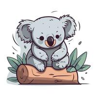 Cute cartoon koala sitting on a log. Vector illustration.