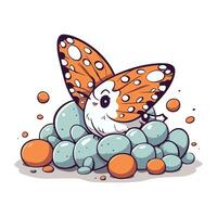 Cute cartoon butterfly sitting on pebbles. Vector illustration.