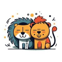 Cute cartoon lion and lioness. Vector illustration in flat style.