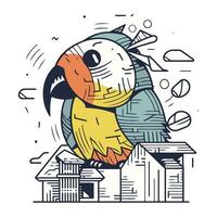 Cute parrot on the farm. Hand drawn vector illustration.