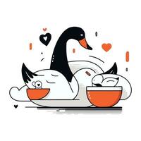 Vector illustration of a pair of swans in love and a cup of coffee with hearts.