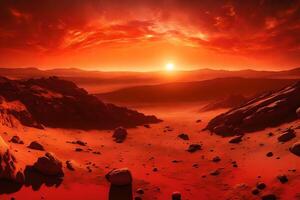 The picture shows the sunset on Mars The sky and ground meet in the picture, and it is colored in red and gold shades photo