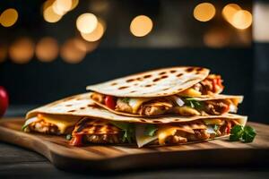 This is a close up picture of a yummy Chicken Quesadilla, with a blurry background AI Generated photo