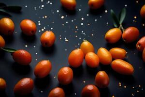 Macro photography is when we use a camera to take really close up pictures of kumquats in a studio that has a dark background AI Generated photo