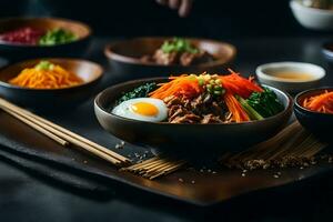 el cámara es consiguiendo cerca a bibimbap, un popular coreano plato es difícil a saber qué es yendo en detrás alguna cosa ai generado foto