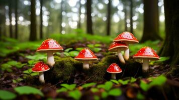 vistoso, brillante hongos en un místico bosque. ai generado foto