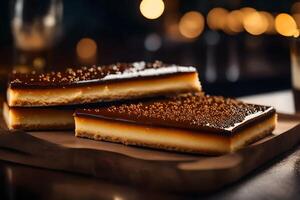 This text is about a fancy dessert called Millionaire's Shortbread It is shown with a fancy restaurant in the background photo