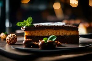 Get a close look at Chocotorta with a good restaurant in the background AI Generated photo