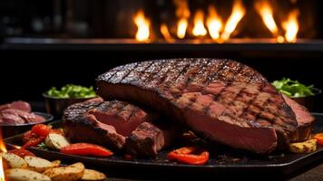 close up of meat on the grill and group of friends at background. photo