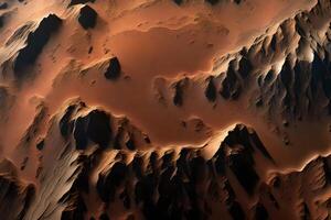 el rocoso tierra y profundo valles en valles marineris en Marte Mira De Verdad bonito cuando visto desde espacio ai generado foto