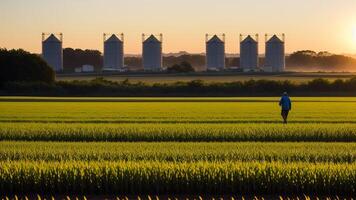 Rear view of a farmer at dawn, walking through a dew kissed corn field towards distant grain silos. photo