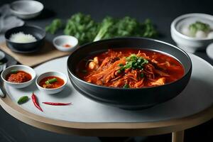 allí es un picante coreano kimchi sopa en un cuenco en un lujoso cerámico comida mesa ai generado foto