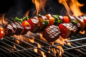 The camera zooms in on BBQ Beef Skewers They are cooked on a grill with bursts of flames behind them AI Generated photo