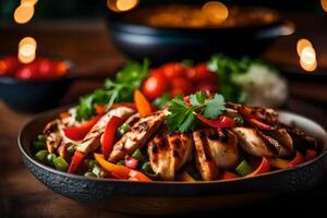 The camera is zooming in on a Chicken Fajita Bowl, but the background of a nice oven is blurry AI Generated photo