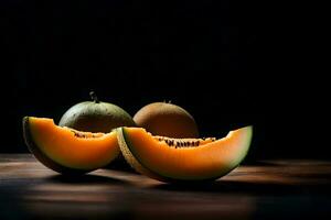 el cámara hace zoom en en un Cantalupo fruta, en contra un oscuro antecedentes en un estudio ai generado foto