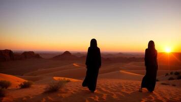 Arabian woman in the desert at sunset travel conception. AI Generated photo