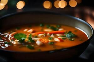 Take a close look at a delicious bowl of Tom Yum Soup, with a slightly blurry background photo