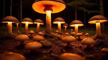 Colorful, glowing mushrooms in a mystical forest. photo