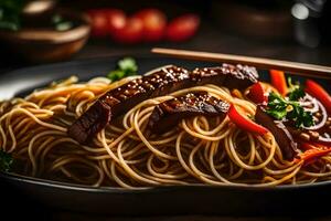 The main subject of this image is a dish called Beef and Noodle Stir Fry There is a blurry and nicely lit background in the picture AI Generated photo