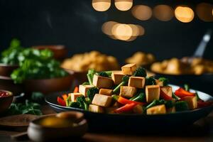 A photo of Tofu Stir Fry taken close, with a background that is not in focus and is blurry AI Generated