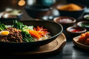 The camera is moving nearer to Bibimbap, a famous food from Korea It can be difficult to understand what is happening behind something AI Generated photo